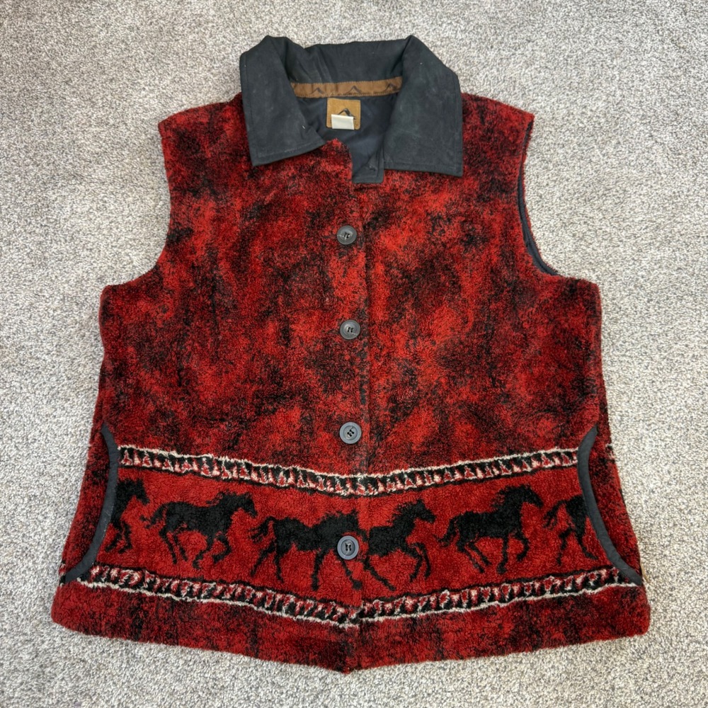 Tsunami Vintage Red Horse Fleece Vest Button Front Western Equestrian Large
